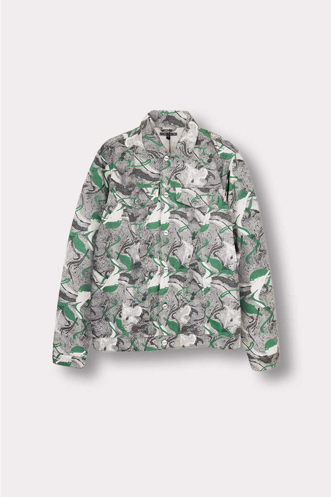 Front view of the psychedelic printed men's jacket laid flat.