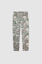 Front view of the psychedelic printed women's jeans laid flat.