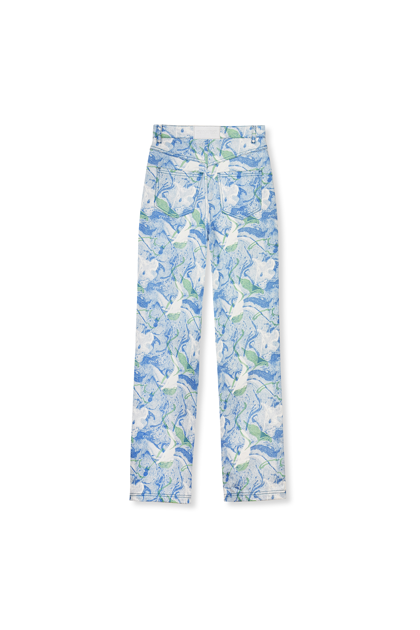 Back view of the psychedelic straight-leg jeans laid flat.