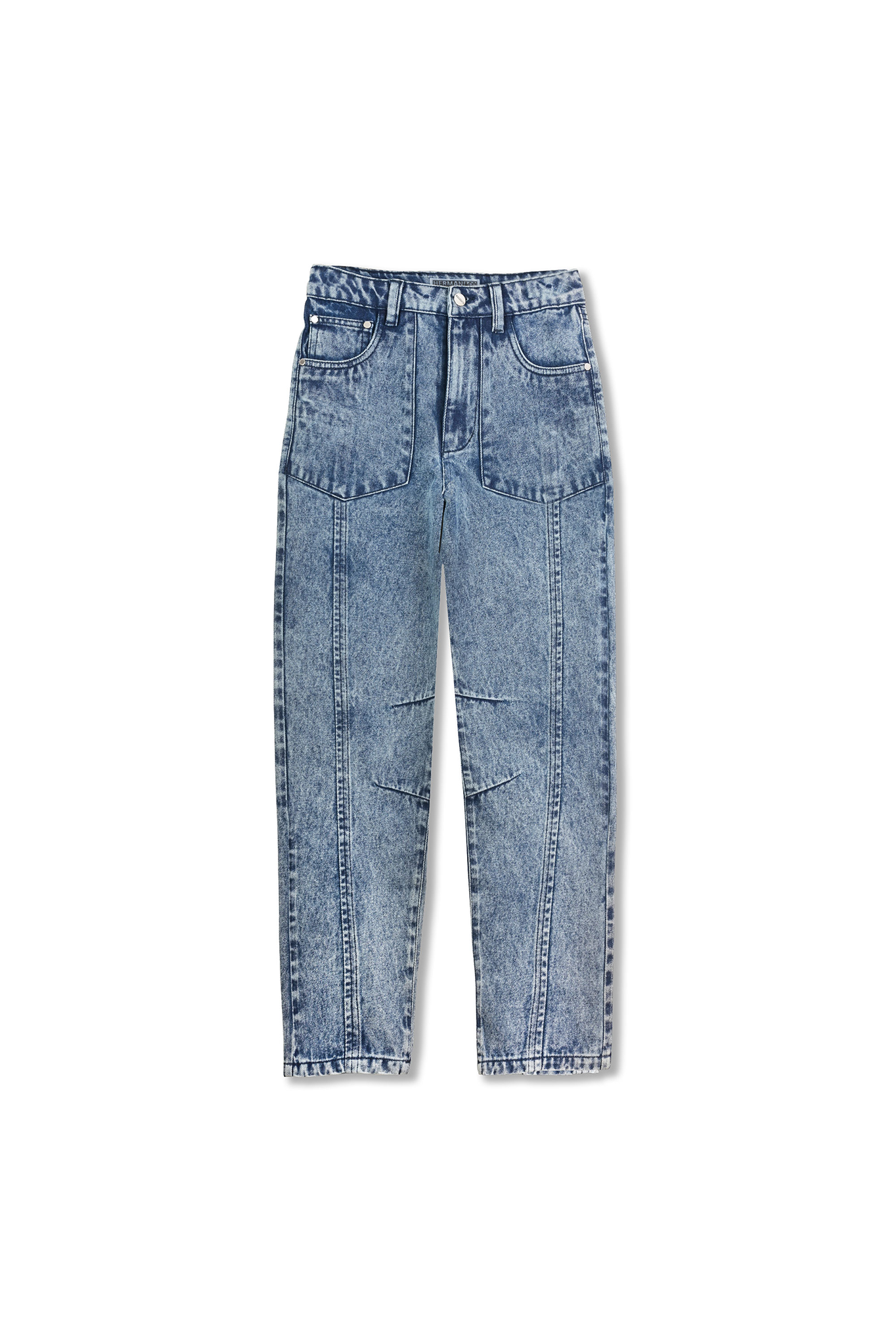 Front view of the tapered blue acid wash mom jean laid flat.