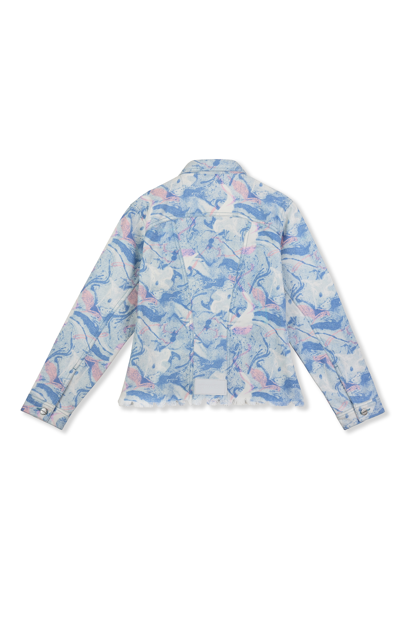 Back view of the tapered waist psychedelic denim jacket laid flat.