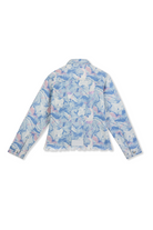 Back view of the tapered waist psychedelic denim jacket laid flat.