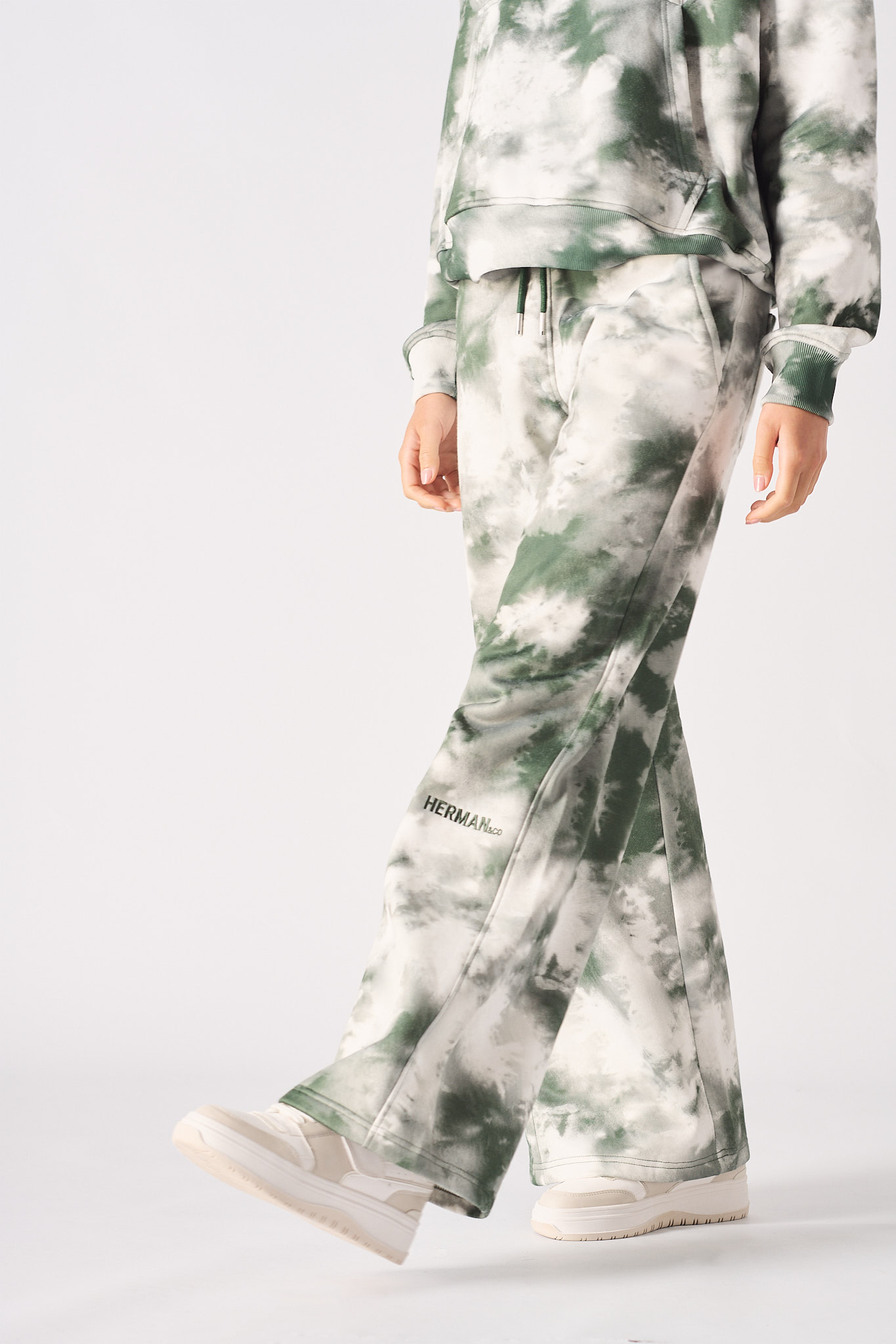 Close-up of the wide-leg hem on the women's tie-dye joggers.