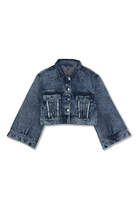 Front view of the two-tone denim crop jacket laid flat.