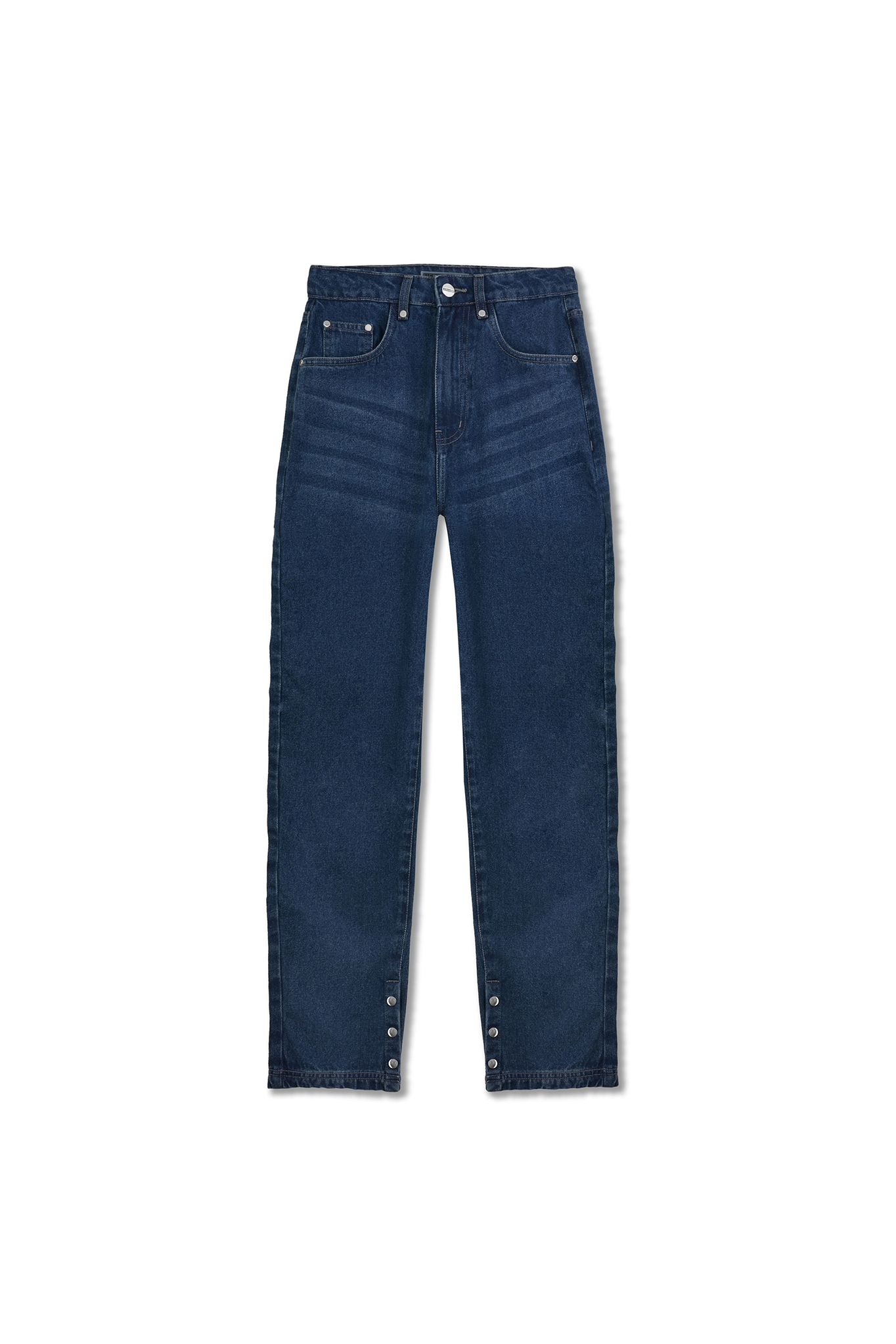Front view of the whisker effect jeans laid flat.
