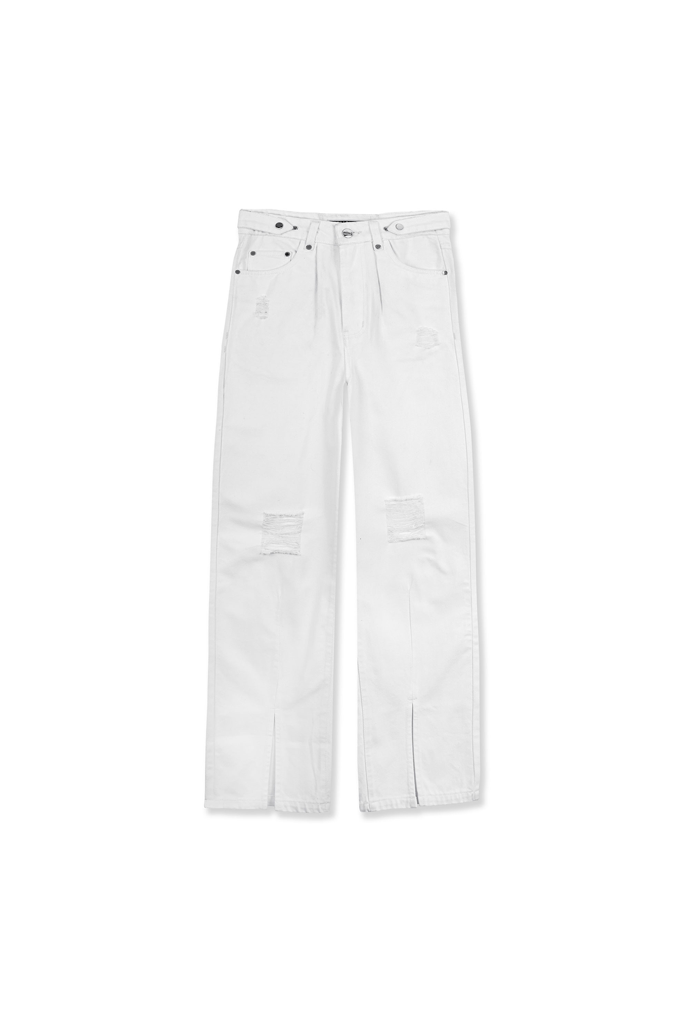 Front view of the women&#39;s white distressed baggy jeans laid flat.