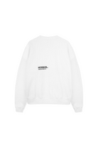 Back flat lay view showing the bold back logo on white fleece crewneck sweatshirt
