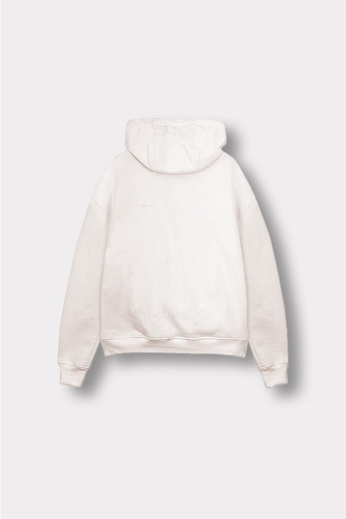 Back flat lay view of simple and comfortable mens white zip up hoodie