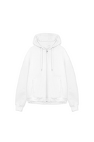 Front view of the women's white zip-up hoodie laid flat.