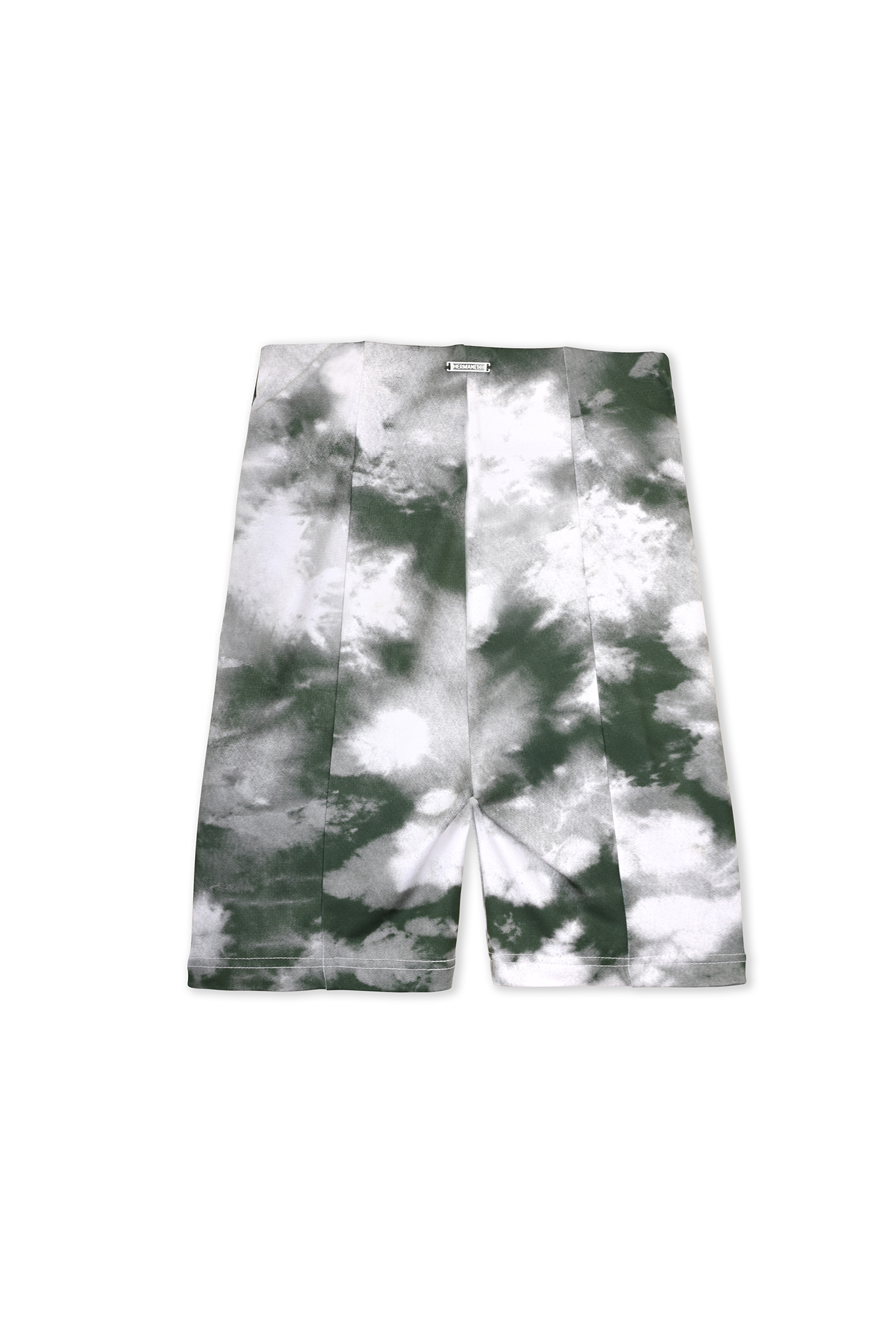 Back view of the women's green printed cycling shorts laid flat.