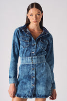Close-up of the women's acid wash denim dress, showing the fit of the upper body