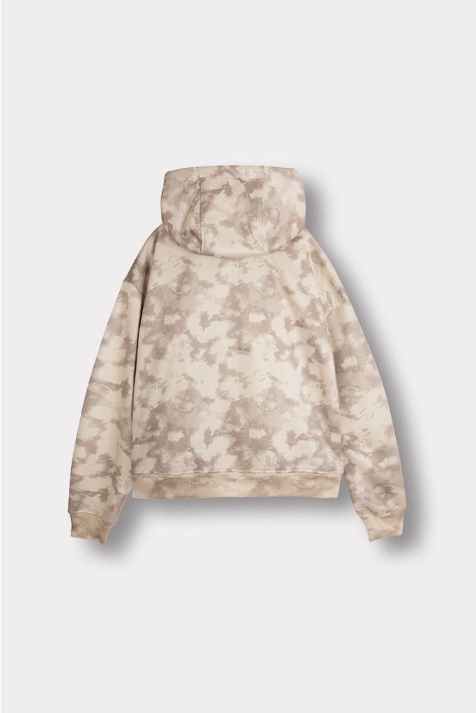 Studio isolated shot of the womens beige tie dye hoodie showing full silhouette