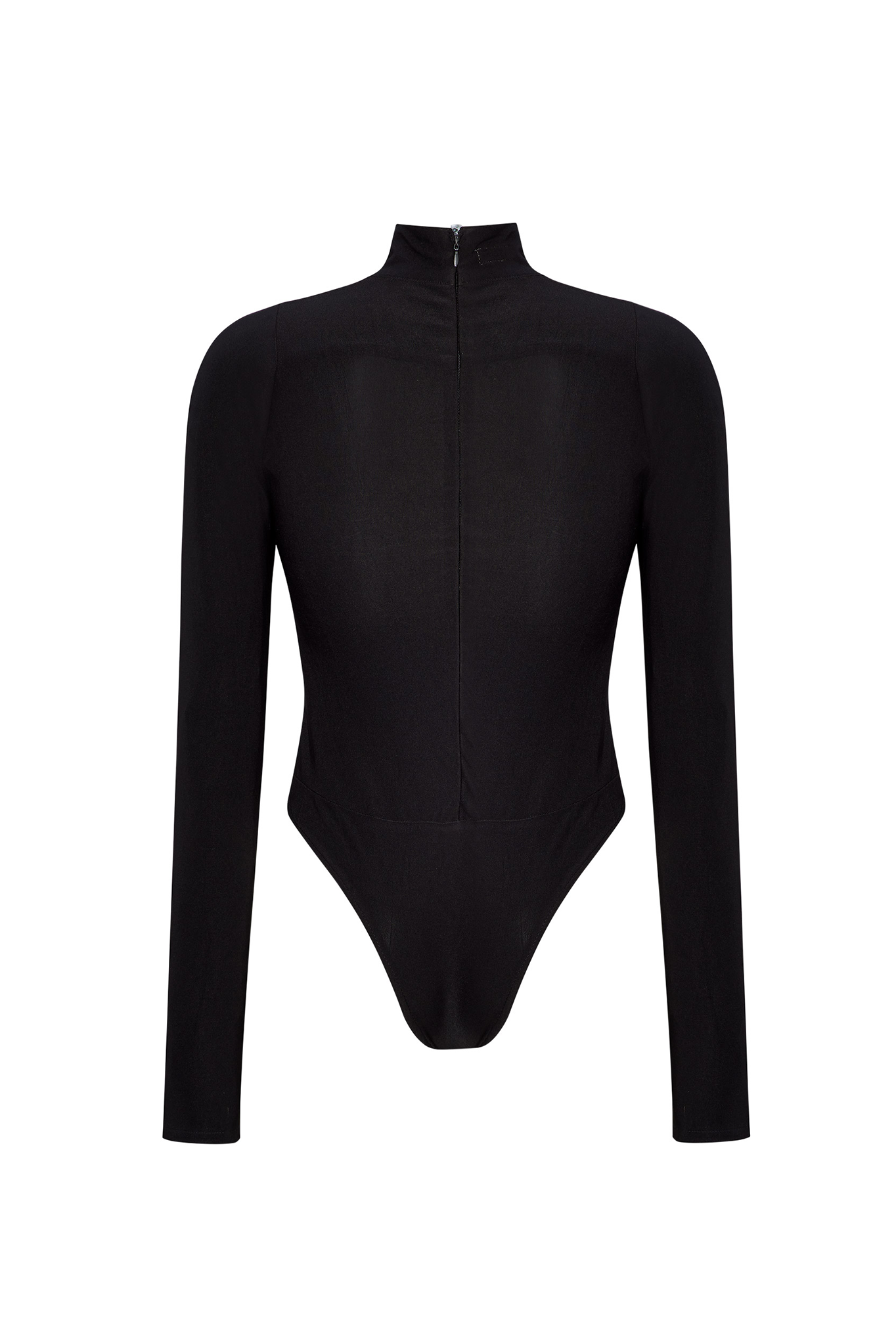 Back view of the women's black spandex bodysuit laid flat.