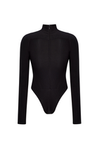 Back view of the women's black spandex bodysuit laid flat.