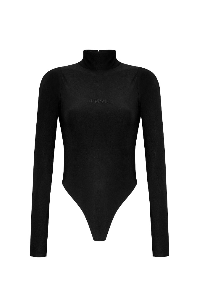 Women's black long-sleeve spandex bodysuit, laid flat.