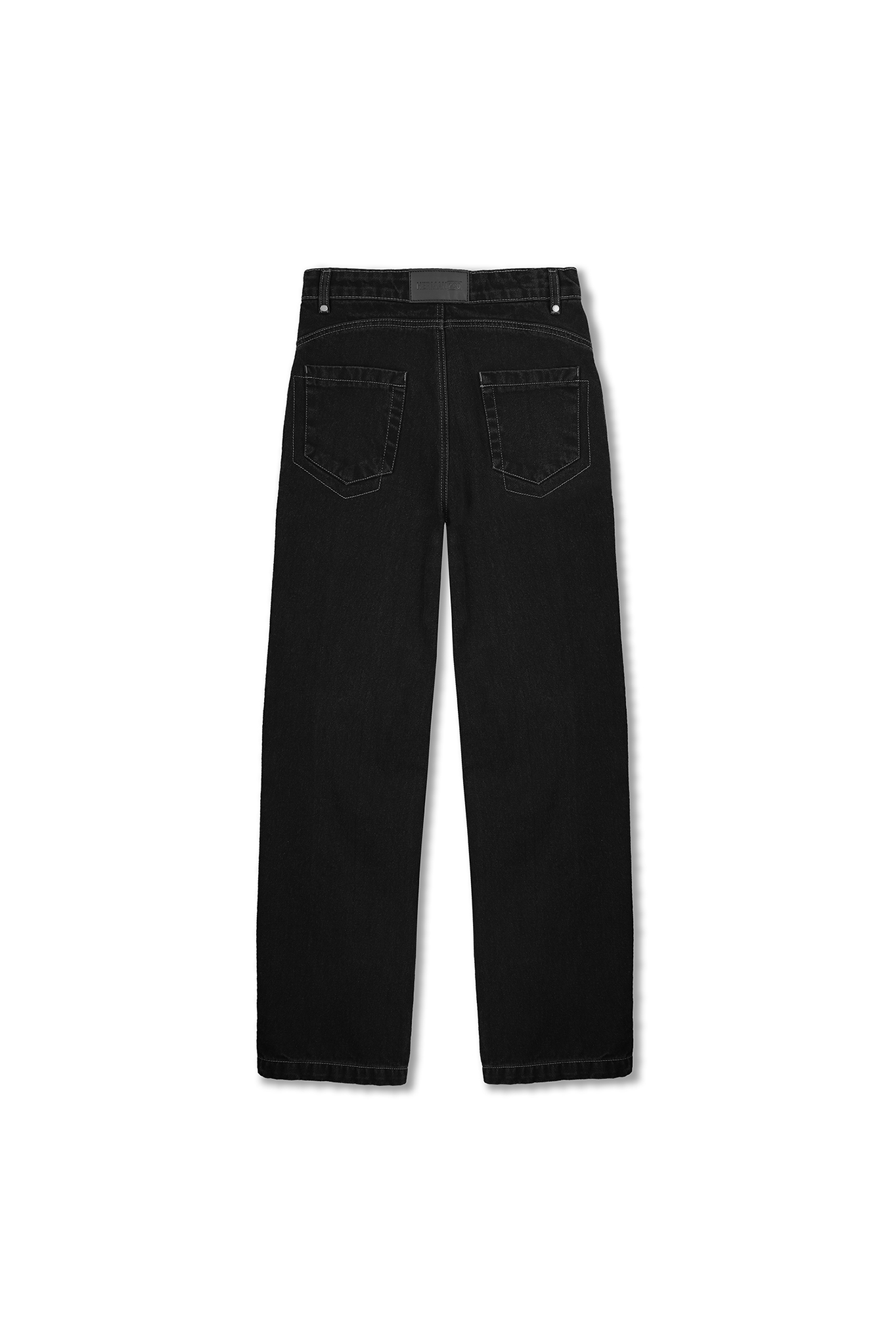 Back view of the women's black straight leg jeans laid flat.