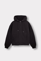 Flat lay front view of essential black zip up hoodie womens