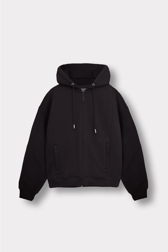 Flat lay front view of essential black zip up hoodie womens