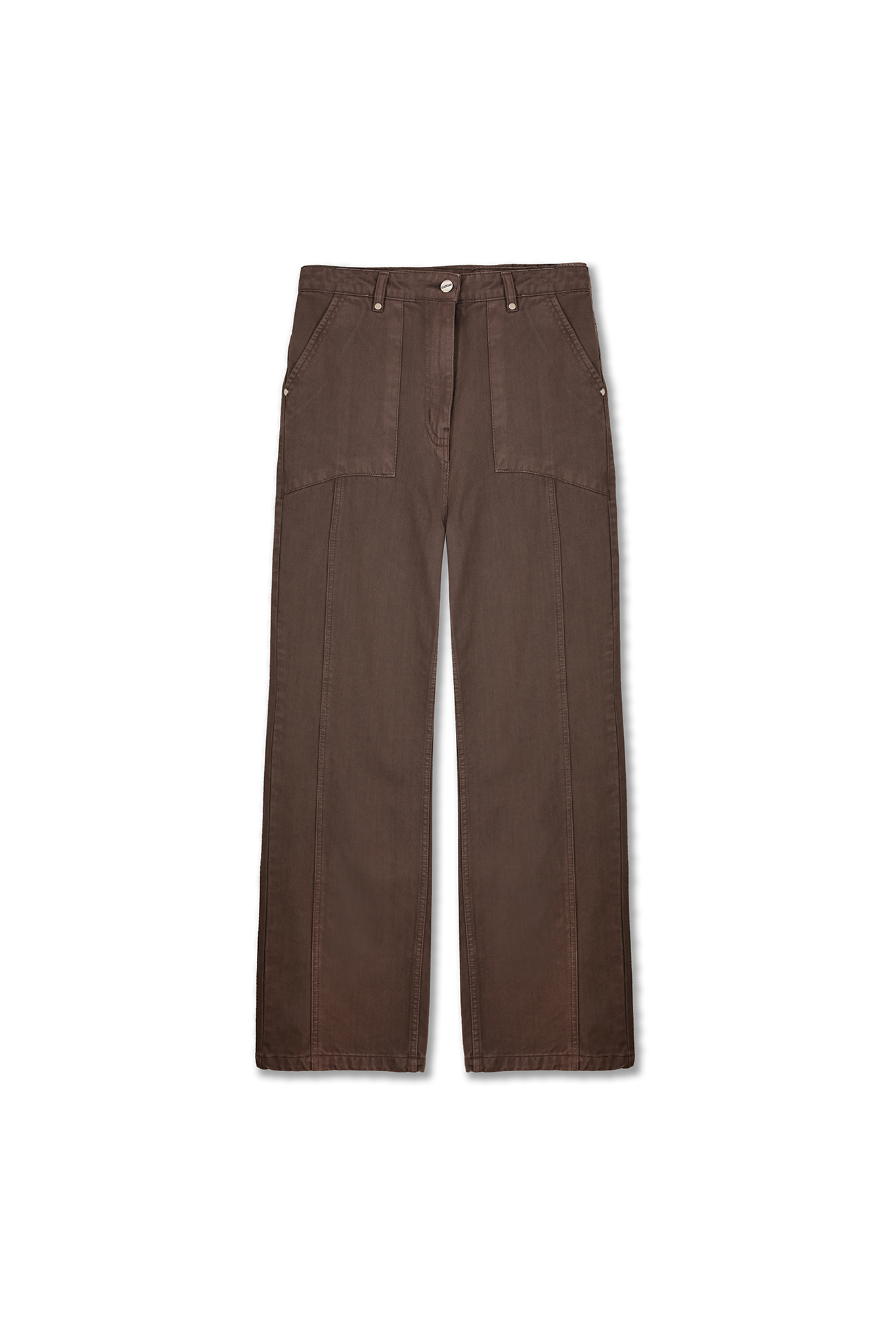 Front view of the women&#39;s brown baggy denim jean laid flat.