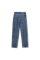 Back view of the women's distressed mid-blue wash straight leg jean, laid flat.