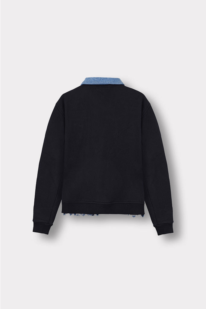 Back view of the women's fleece denim jacket laid flat.