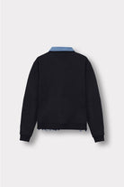 Back view of the women's fleece denim jacket laid flat.