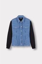 Women's fleece denim jacket with a blue denim body and black fleece sleeves, laid flat.