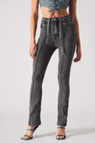 Front view of the women's grey acid wash flare jeans with front seam detail.