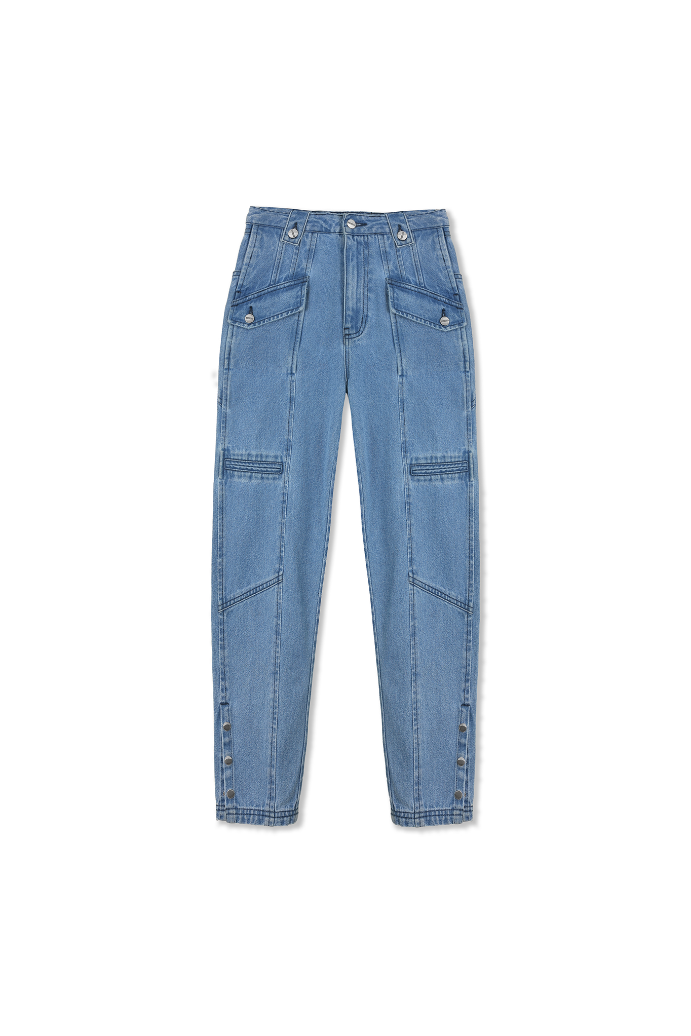 Front view of the women's mid-wash cargo denim jean laid flat.