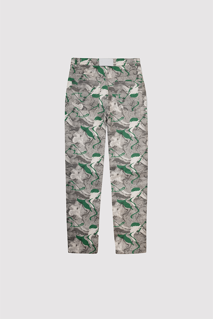 Back view of the women's psychedelic print jeans laid flat.