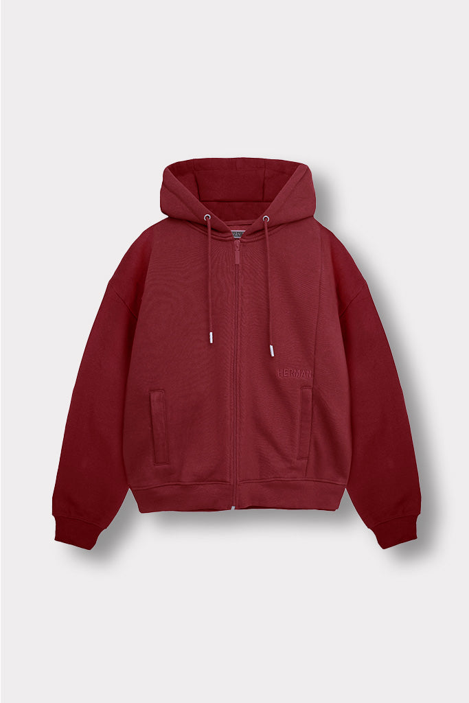 Front view of the women's red zip-up hoodie laid flat.