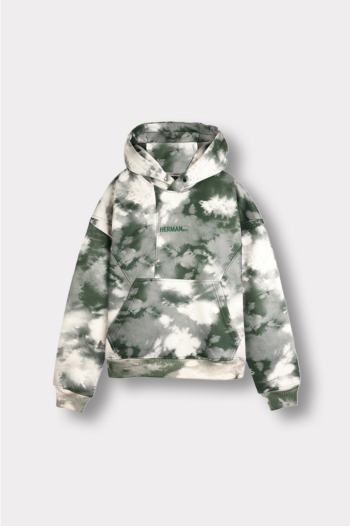 Flat lay front view of essential womens tie dye dark green hoodie