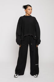 Women Wide Leg Mixed Fabric Jogger - Black