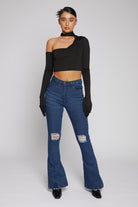 Distressed Denim Fit and Flare Jean - Dark Wash