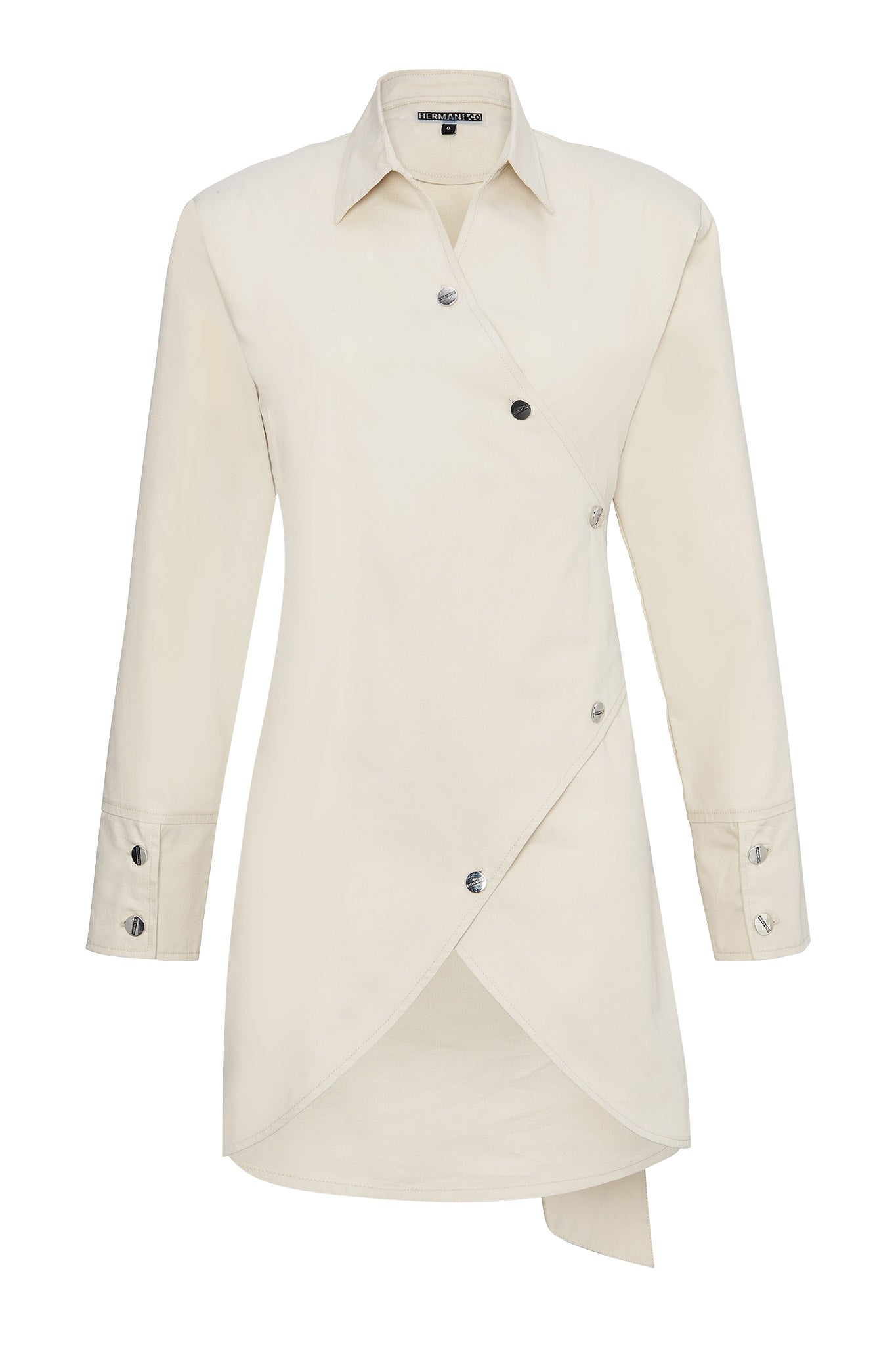 Front view of the beige cotton asymmetric shirt dress laid flat.