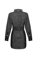 Back view of the black acid wash denim dress laid flat to show panel details