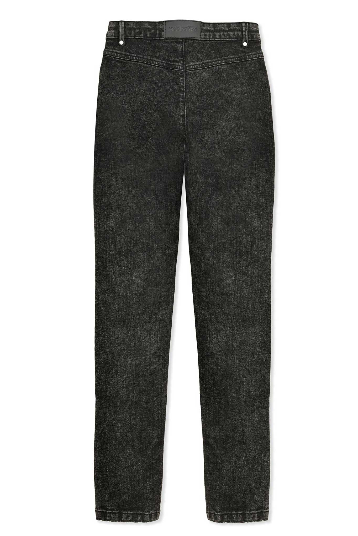 The back view of the black acid wash skinny jeans laid flat