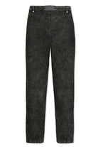 The back view of the black acid wash skinny jeans laid flat