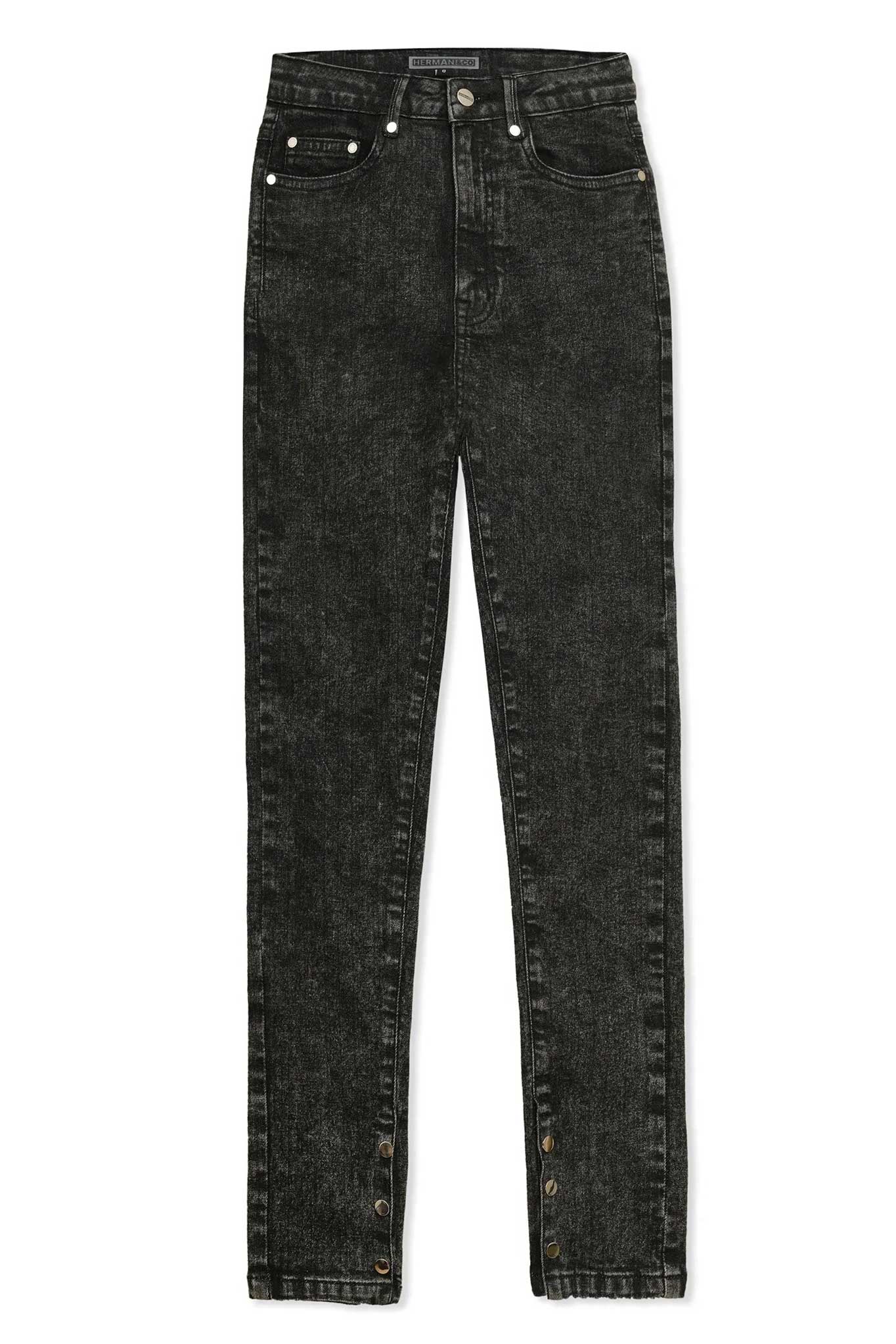 A pair of women's black acid wash skinny jeans laid flat