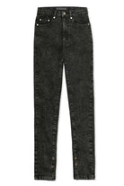 A pair of women's black acid wash skinny jeans laid flat