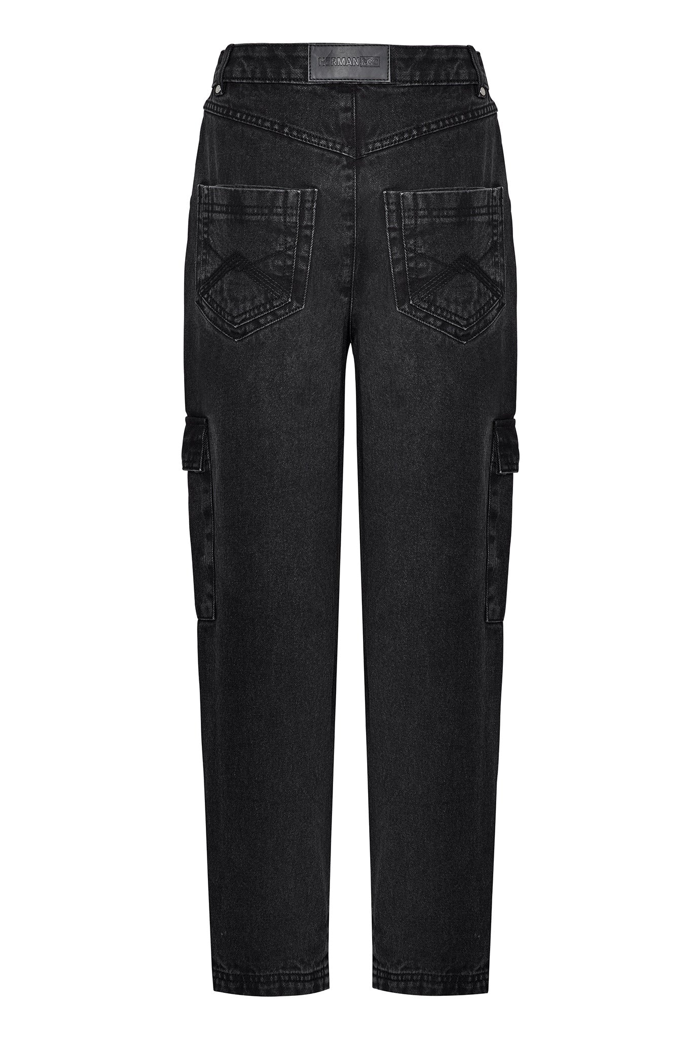 Back view of the women's black cargo jeans laid flat.
