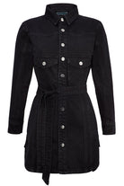 Front view of the black denim dress with belt laid flat