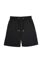 Back flat lay view of simple black fleece shorts for women