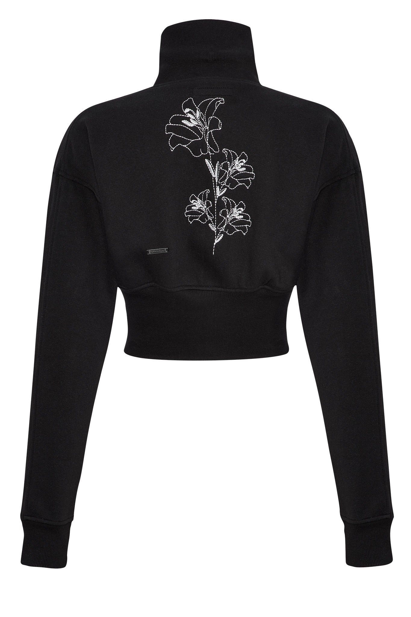 Back flat lay view showing floral design on black zip neck sweatshirt