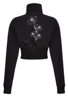 Back flat lay view showing floral design on black zip neck sweatshirt