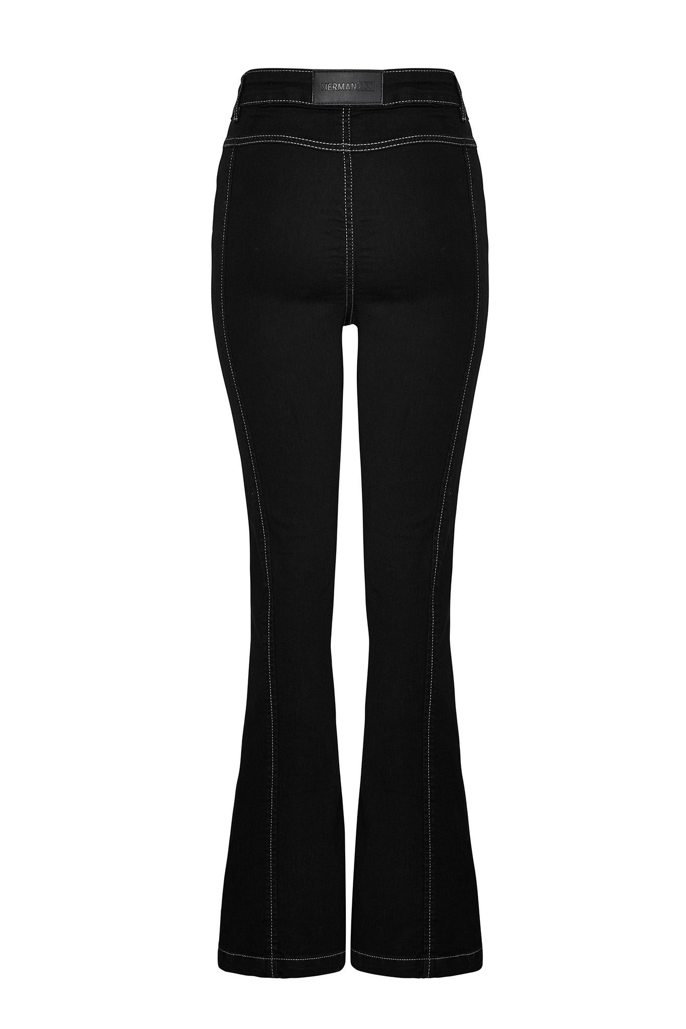 Back view of the black high-rise flare jeans laid flat.