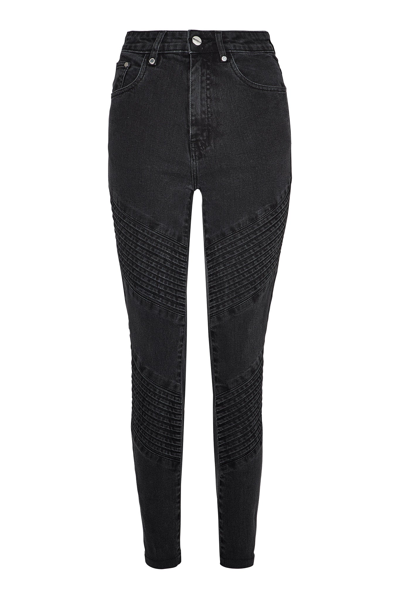 Front view of the black skinny biker jeans for women laid flat.