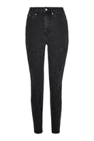 Front view of the black skinny biker jeans for women laid flat.