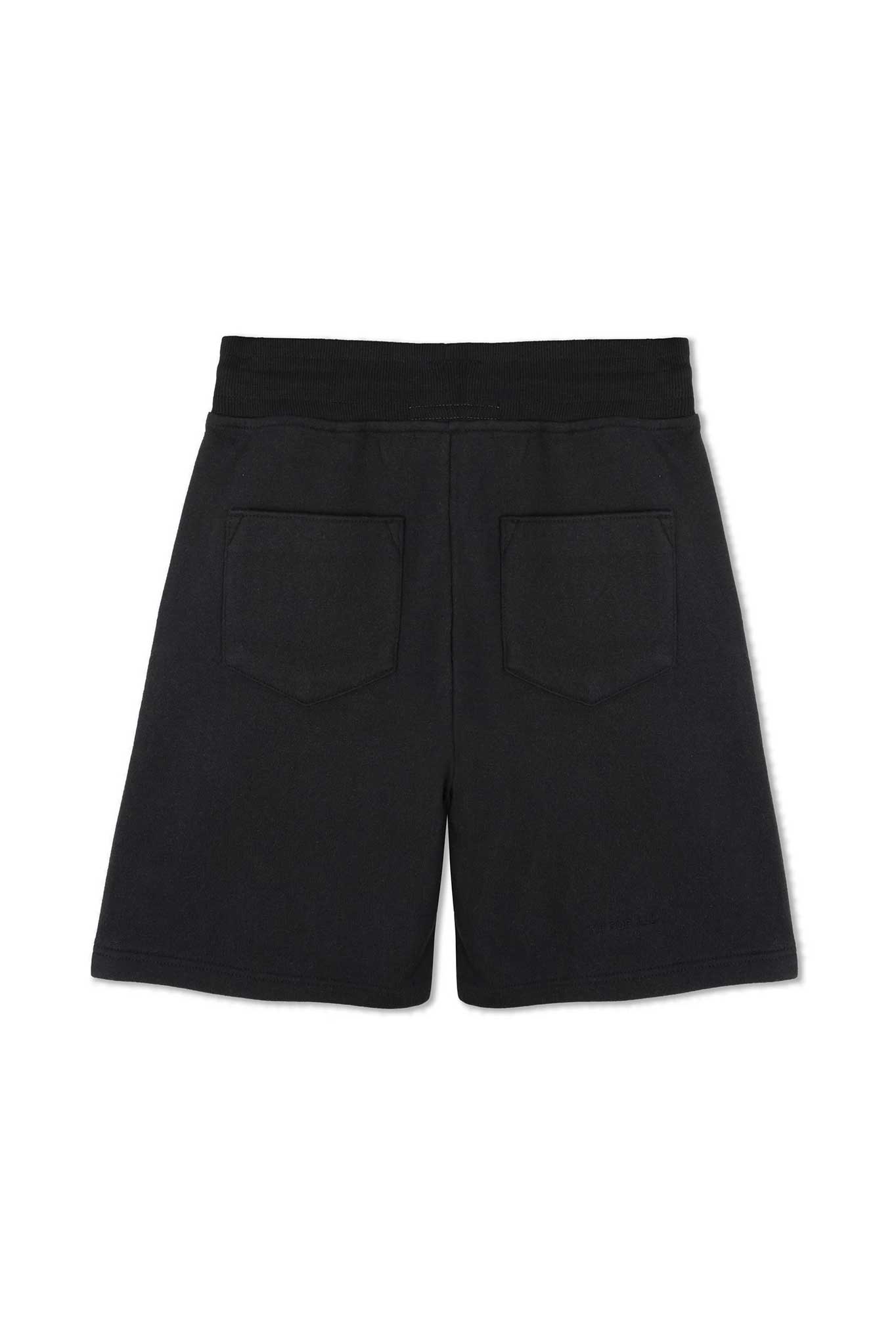 Back flat lay view of simple and comfortable black tech fleece shorts