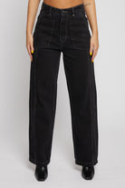 Front close-up of the women's black wash straight leg jeans.